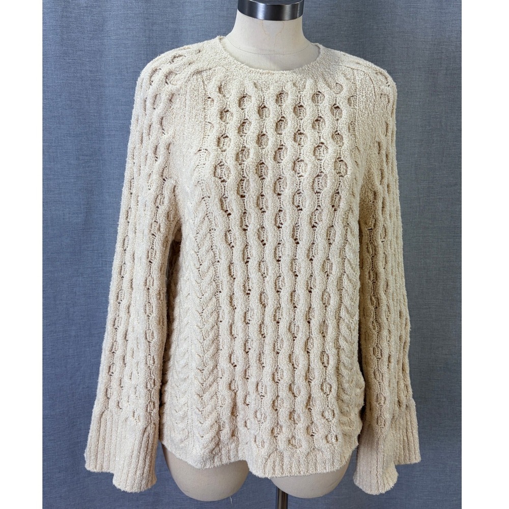 J.Crew Cream Openwork Cable Knit Cotton Sweater Bell Sleeve Large